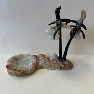 Carved Onyx Stone Tropical Palm Tree Small Turtle Ashtray Trinket Tray